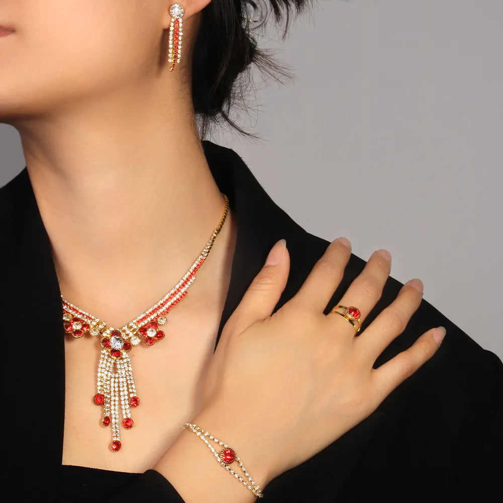 Stonefans Red Folwer Necklace Earrings Ring and Bracelet Set Jewelry for Women Nigeria Rhinestone Party Jewelry Set Gift