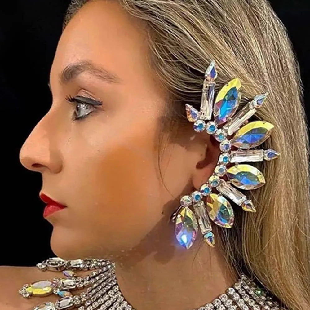 Stonefans Rhinestone Exaggerate Ear Clip Earrings No Piercing for Women Large AB Color Crystal Statement Cuff Earrings Jewelry