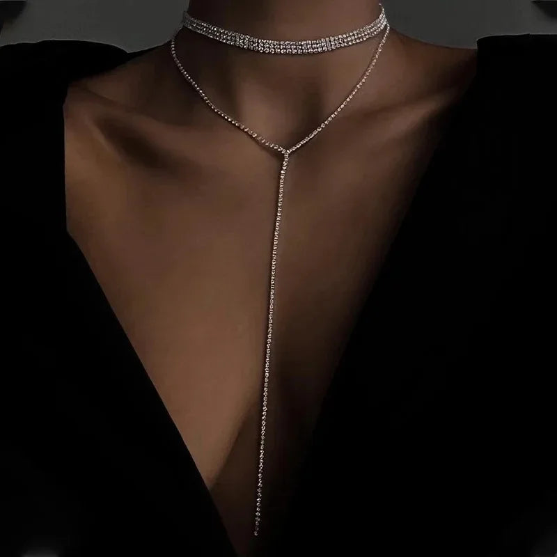 Stonefans Rhinestone Long Tassel Choker Necklace for Women Crystal Chain Double Layer Necklaces Wedding Gifts 2023 Bling