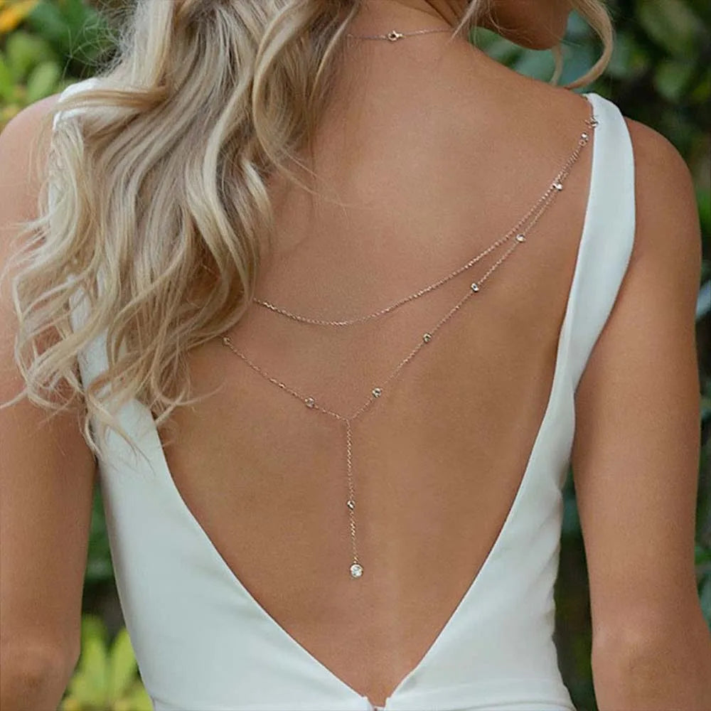 Stonefans Sexy Double Layer Back Chain Necklace for Women Bridal Rhinestone Body Chain Necklace Wedding Jewelry Accessories