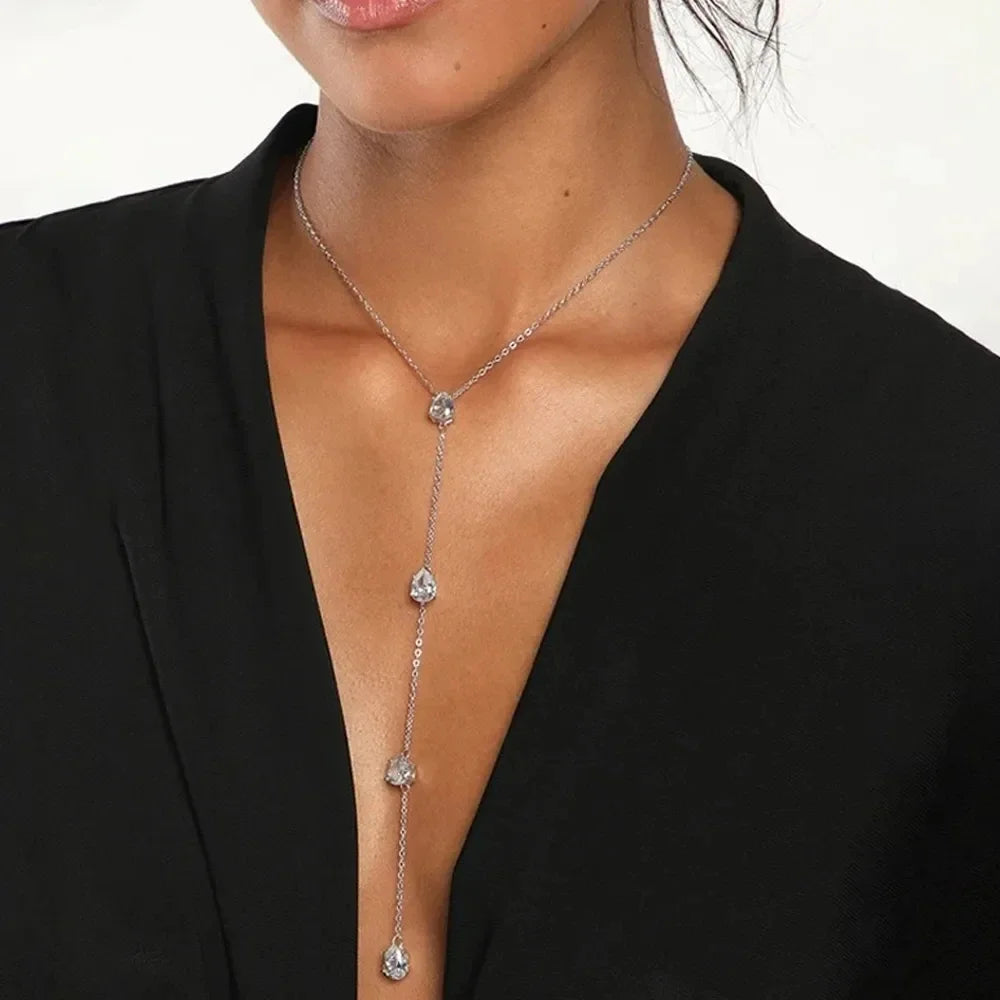 Stonefans Simple Crystal Clavicle Chain Necklace Jewelry for Women 2024 Metal Long Chain Choker Dress Accessories Gift