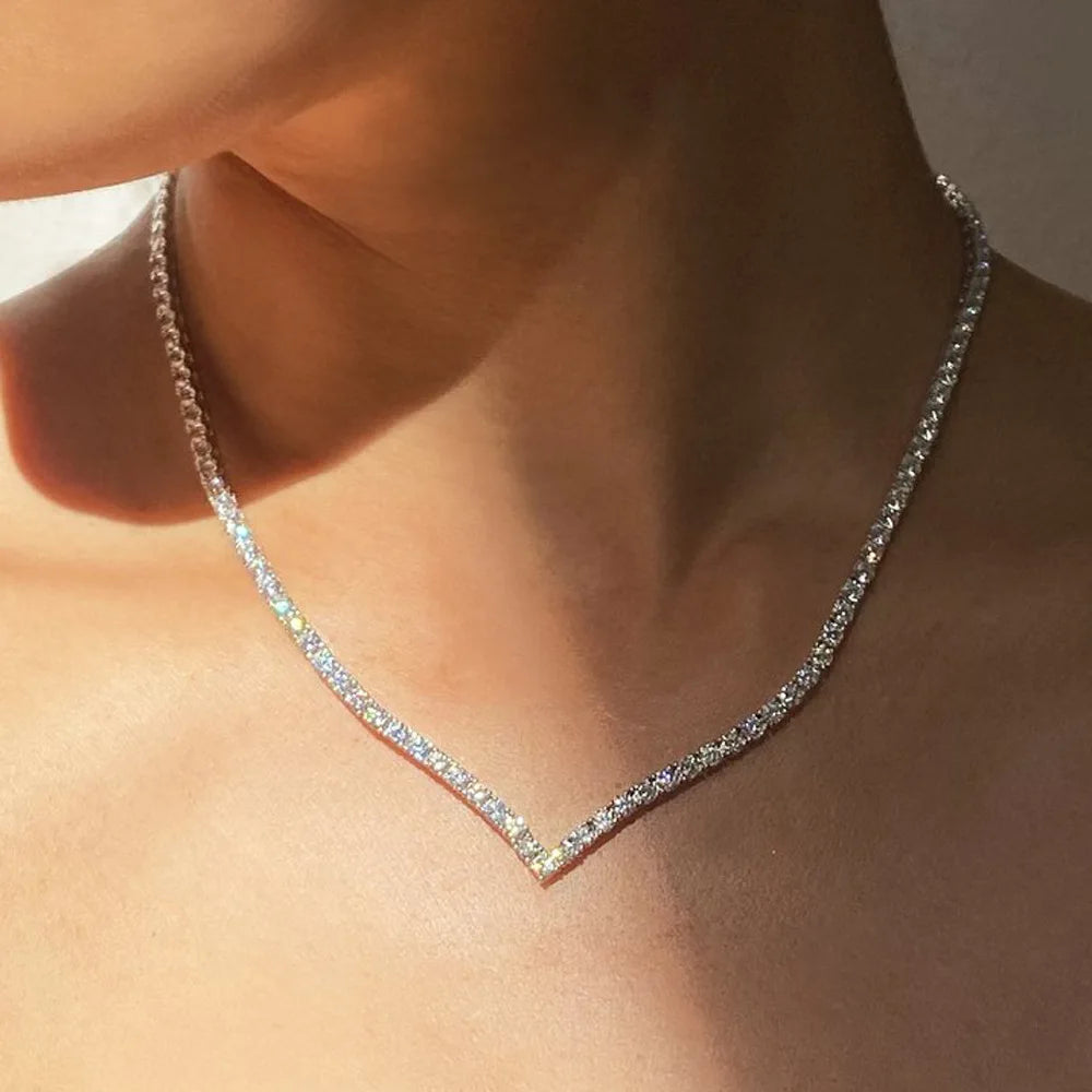 Stonefans V Shape Rhinestone Necklace Choker Wedding Accessories Jewelry Crystal Tennis Chain Necklace Statement Collar