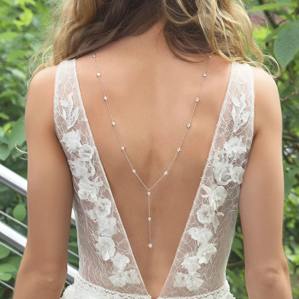 Stonefans Y Shape Back Chain Necklace Body Jewelry for Women Sexy Crystal Back Chain Bride Wedding Accessories Backless Party