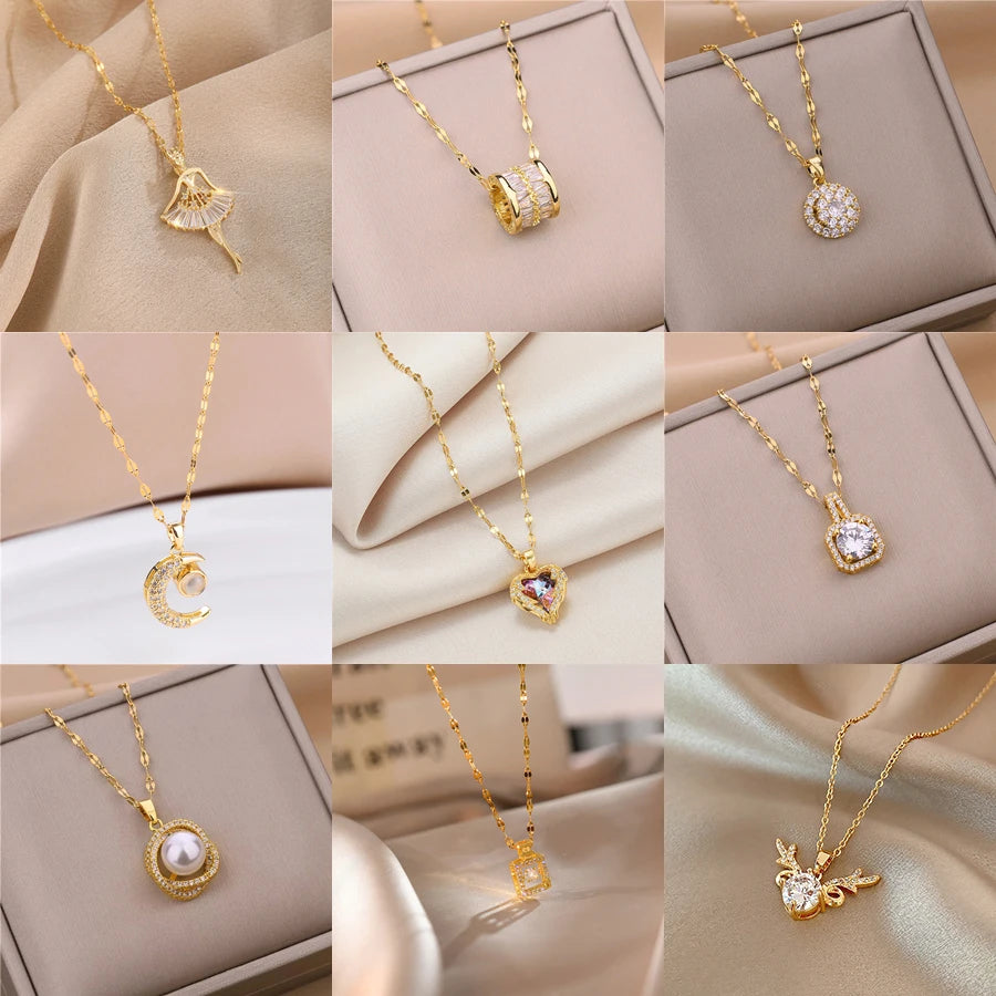 Sweet Zircon Crystal Pendant Necklace For Women Korean  Stainless Steel Clavicle Chain Jewelry Female Wedding Accessories