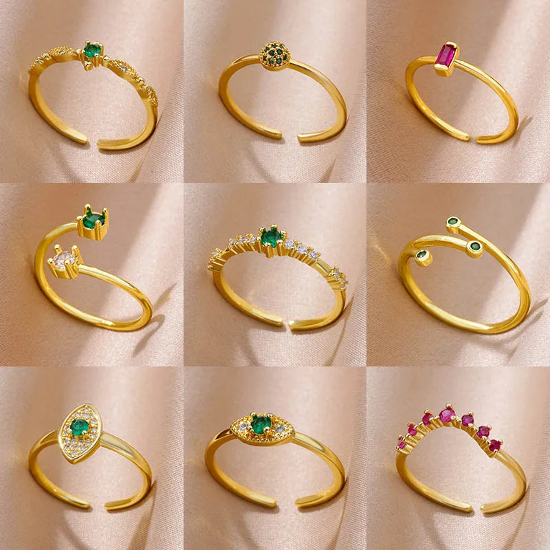 Tiny Green Zircon Round Rings For Women Geometric Stainless Steel Ring   Wedding Christmas Jewelry Gift