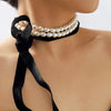 Trend Wedding Party Jewelry Long Black Ribbon Choker Necklace For Women Elegant White Imitation Pearl Beach Vacation Necklaces