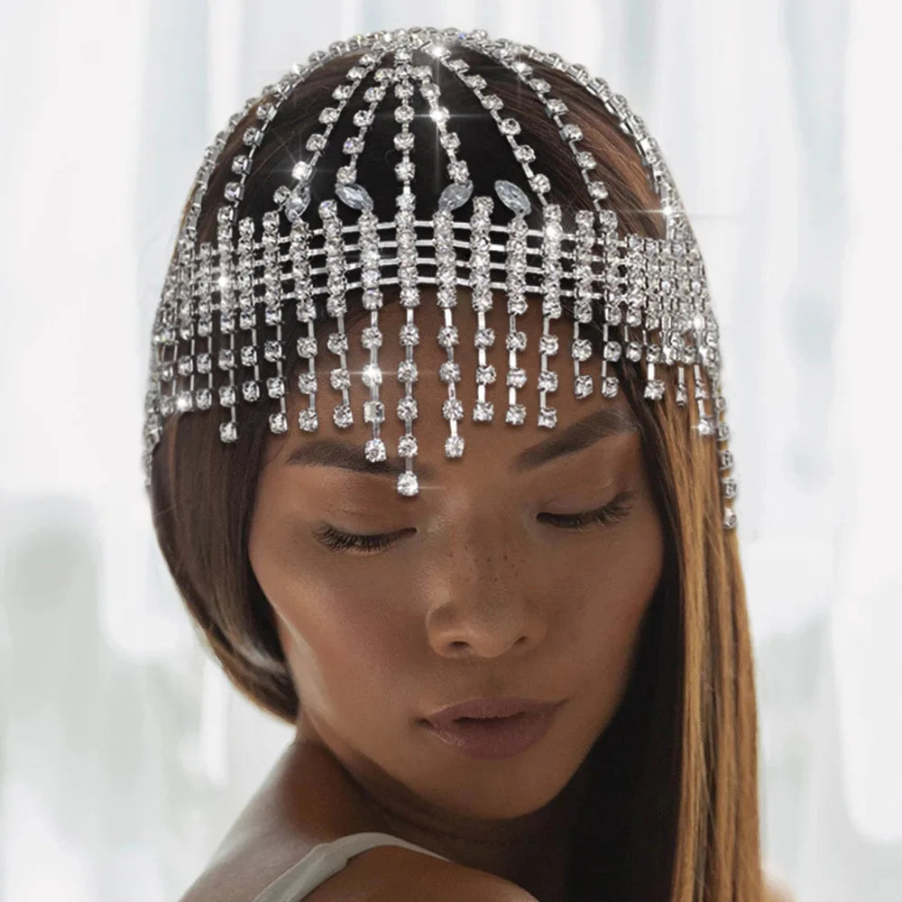 Trendy Hat Rhinestone Tassel Headpiece Forehead Chain for Women Crystal Indian Bridal Head Chain Wedding Jewelry Gift