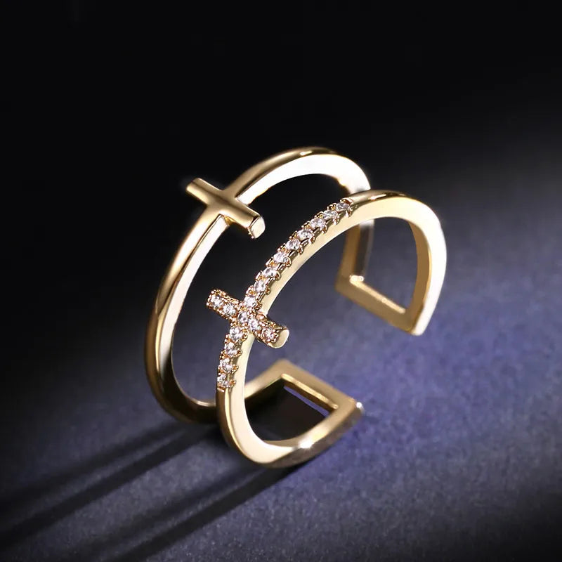 Trendy Minimalist Gold Color Cross Rings Geometric Double Layer Open Adjustable Finger Ring For Women Party Wedding Jewelry Gift