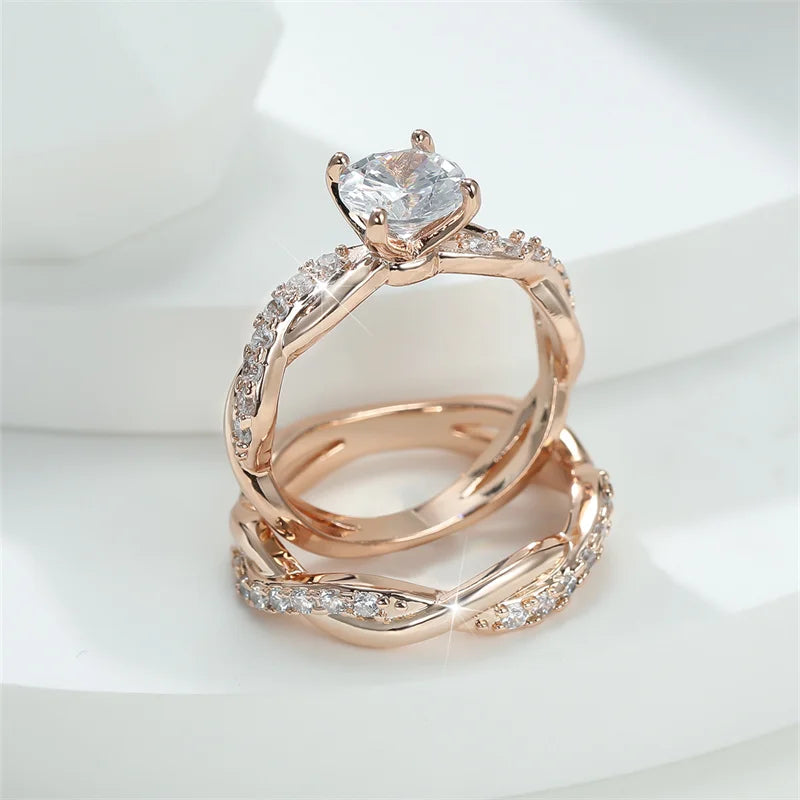Twist Exquisite Silver Color Rose Gold Rings for Women Classic Inlaid Zircon Stones Wedding Rings Set Bridal Engagement Jewelry