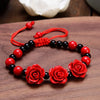 Charm Red Rose Bracelet For Women Handmade Lacquer Carved Cinnabar Flower Adjustable Rope Beaded Bracelet Ethnic Accessories - Image 1