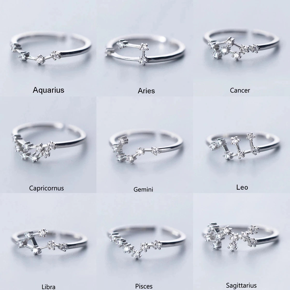 Minimalist Inlaid Cubic Zircon 12 Constellation Rings For Women Zodiac Sign Adjustable Finger Ring Simple Silver Color Jewelry - Image 1