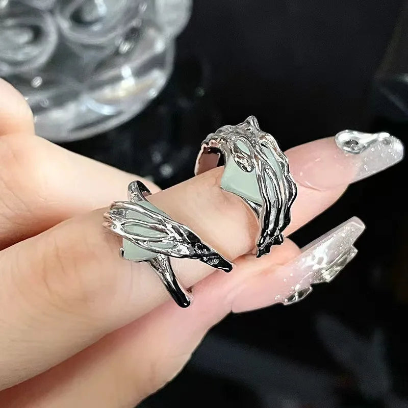 Vintage Chinese Style Punk Irregular Opal Stone Rings for Women Men Silver Color Pleated Adjustable Opening Ring Grunge Jewelry