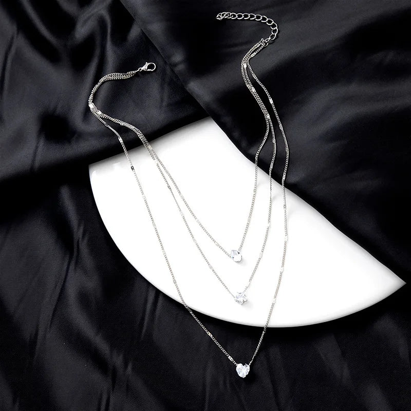Vintage Crystal Heart Star Layered Pendant Necklace for Women Charm Water Drop Zircon Choker Chain Girls Wedding Party Jewelry