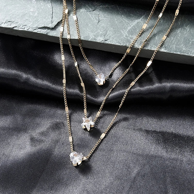 Vintage Crystal Heart Star Layered Pendant Necklace for Women Charm Water Drop Zircon Choker Chain Girls Wedding Party Jewelry