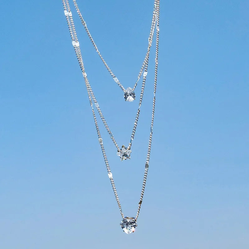 Vintage Crystal Heart Star Layered Pendant Necklace for Women Charm Water Drop Zircon Choker Chain Girls Wedding Party Jewelry