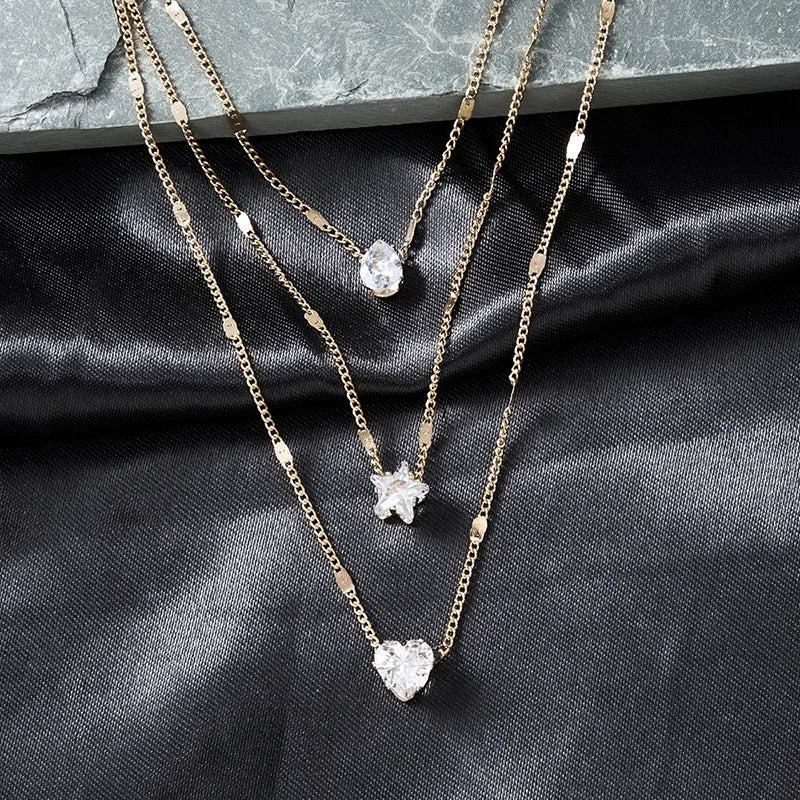 Vintage Crystal Heart Star Layered Pendant Necklace for Women Charm Water Drop Zircon Choker Chain Girls Wedding Party Jewelry