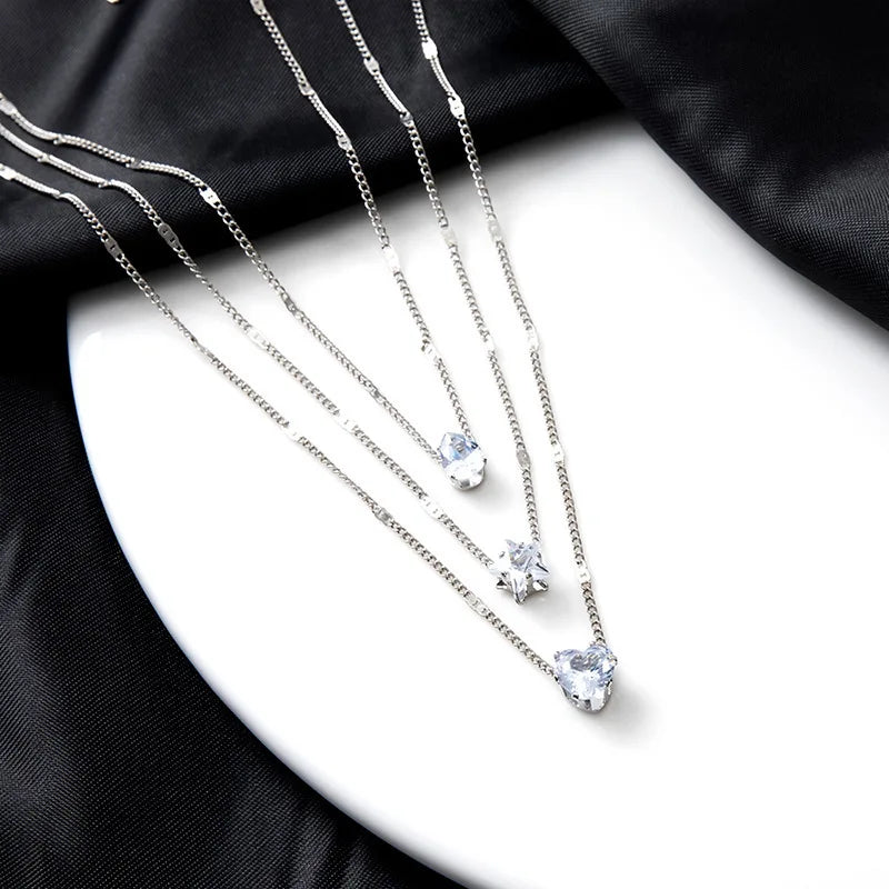 Vintage Crystal Heart Star Layered Pendant Necklace for Women Charm Water Drop Zircon Choker Chain Girls Wedding Party Jewelry
