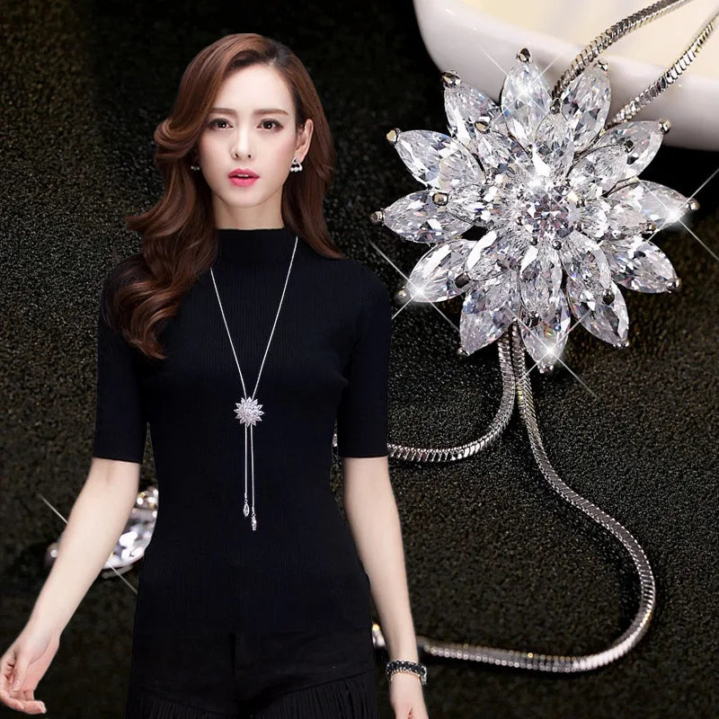 Vintage  Crystal Snowflake Pendant Necklace for Women Zircon Flower Long Sweater Chain Winter Jewelry Accessories Gift