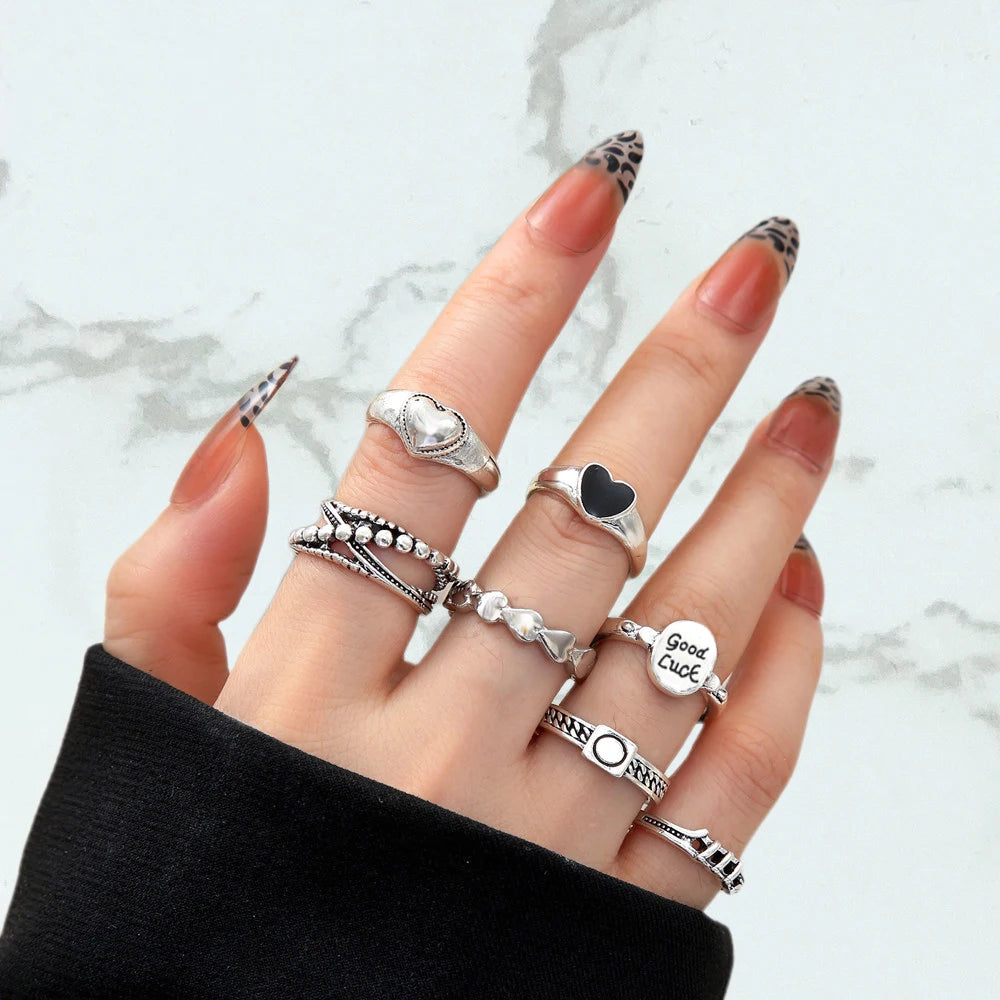 Vintage Gothic Metal Rings Set for Women Girls Geometric Retro Multi Knuckle Joint Finger Ring Personality Snake Trendy Jewelry