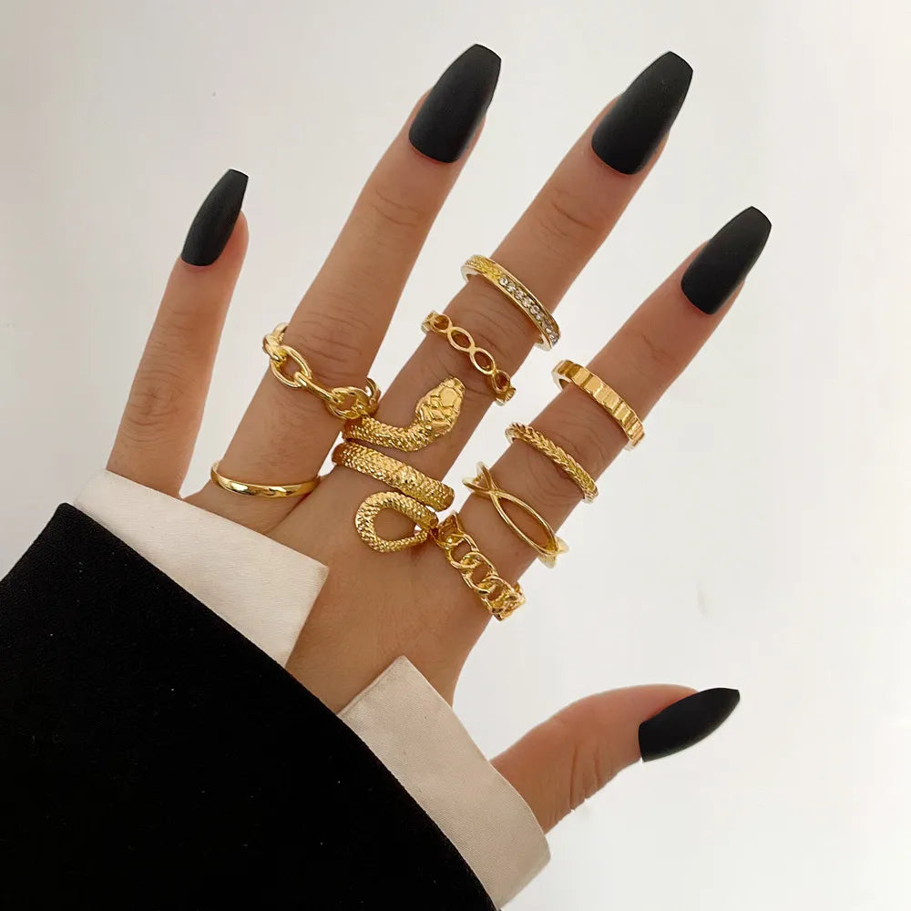Vintage Gothic Metal Rings Set for Women Girls Geometric Retro Multi Knuckle Joint Finger Ring Personality Snake Trendy Jewelry