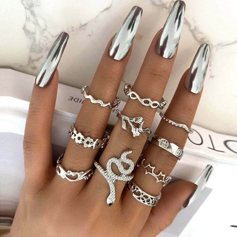 Vintage Gothic Metal Rings Set for Women Girls Geometric Retro Multi Knuckle Joint Finger Ring Personality Snake Trendy Jewelry