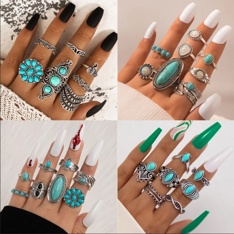 Vintage Green Stone Flowers Joint Ring Sets Ancient Silver Color Ally Metal Jewelry for Women Men Jewelry 8pcs/sets 23443