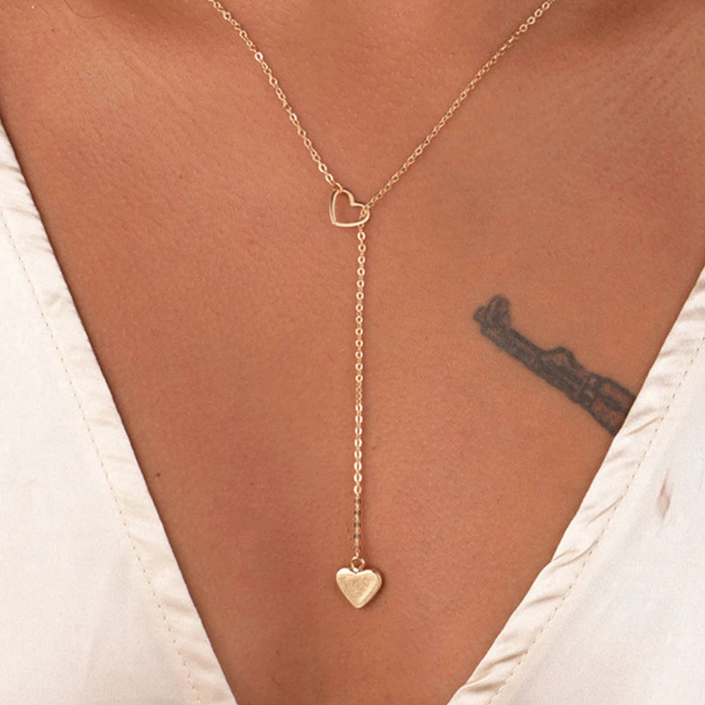 Vintage Hollow Heart Necklace for Women Girls  Simple Y Shape Gold Color Metal Long Pendant Toggle Necklace Jewelry Gift