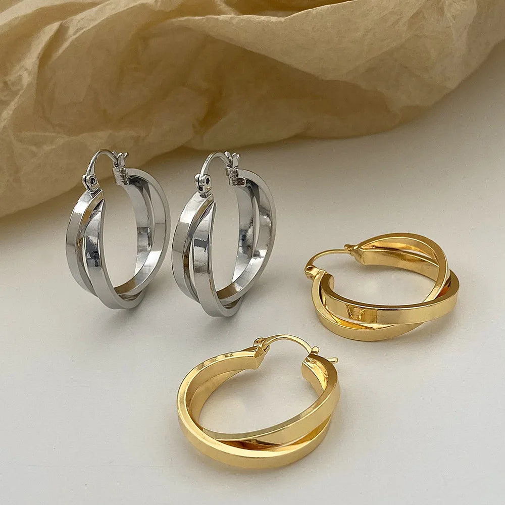 Vintage Metal Double Layer Winding Hollow Round Earrings for Women Trendy Earring Jewelry Prevent Allergy Party Accessories Gift