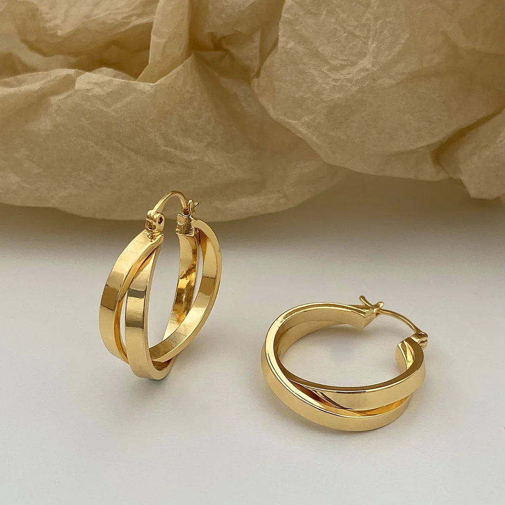 Vintage Metal Double Layer Winding Hollow Round Earrings for Women Trendy Earring Jewelry Prevent Allergy Party Accessories Gift