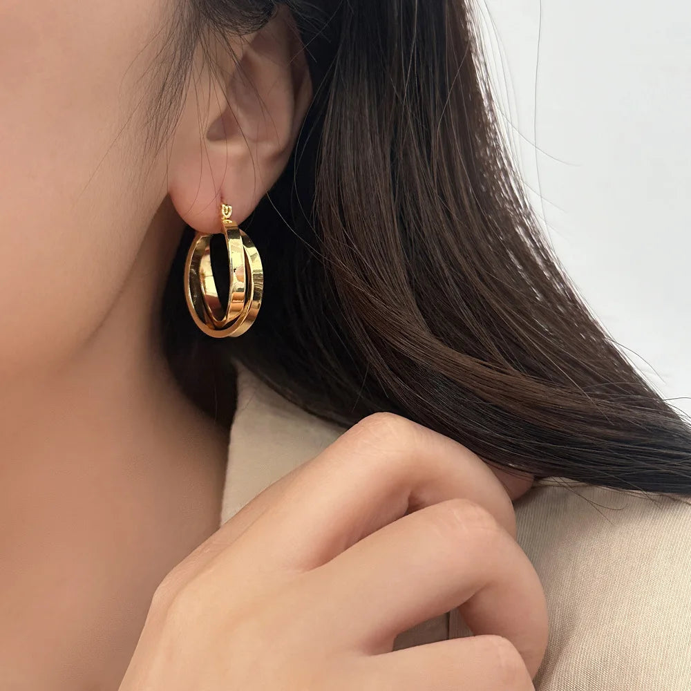Vintage Metal Double Layer Winding Hollow Round Earrings for Women Trendy Earring Jewelry Prevent Allergy Party Accessories Gift