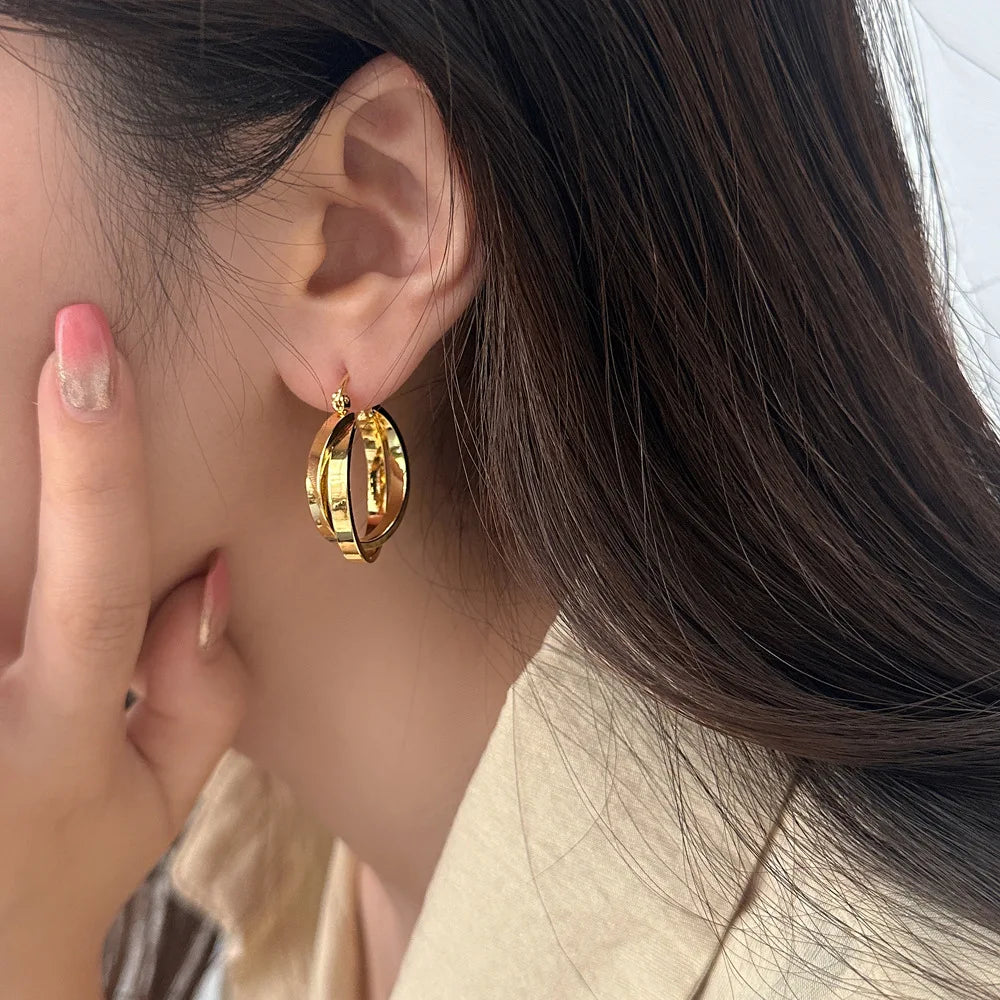 Vintage Metal Double Layer Winding Hollow Round Earrings for Women Trendy Earring Jewelry Prevent Allergy Party Accessories Gift