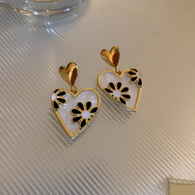 Vintage National Style Leopard Print Flower Double Heart Earrings for Women Girl Bridal Wedding Jewelry Gift Party