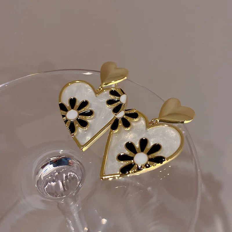Vintage National Style Leopard Print Flower Double Heart Earrings for Women Girl Bridal Wedding Jewelry Gift Party