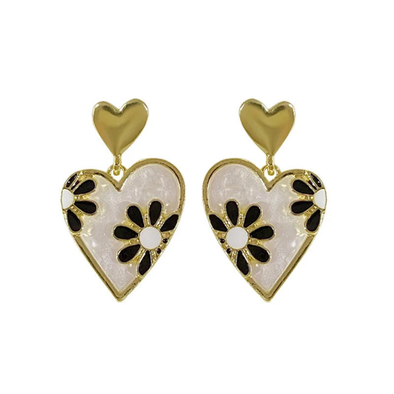 Vintage National Style Leopard Print Flower Double Heart Earrings for Women Girl Bridal Wedding Jewelry Gift Party