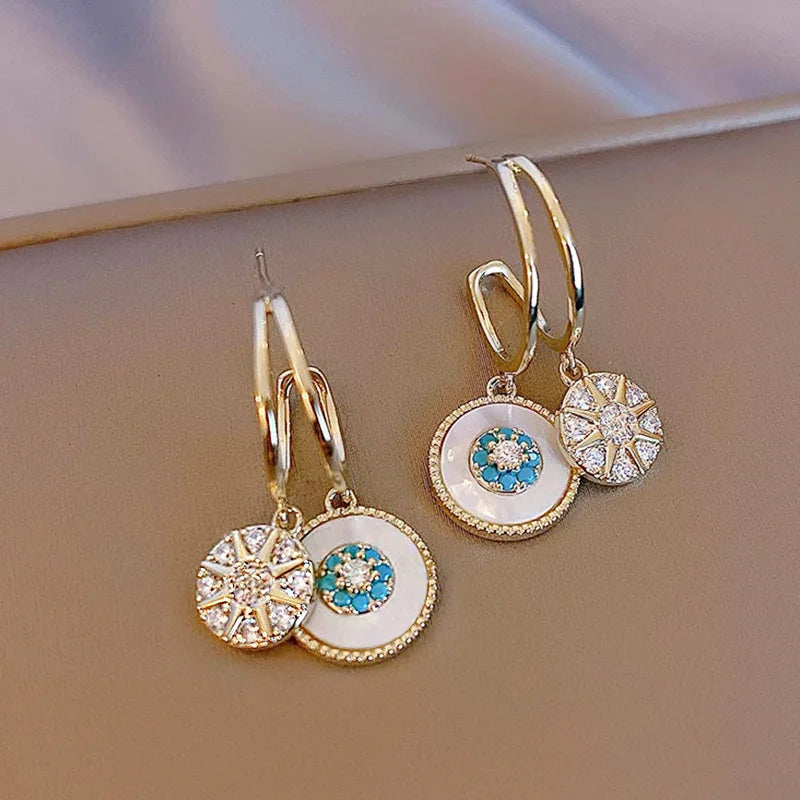 Vintage National Style Shell Daisy Double Heart Earrings for Women Girl Bridal Wedding Jewelry Gift Party