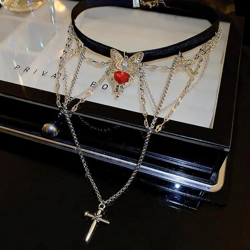 Vintage Red Crystal Heart Love Cross Butterfly Necklace for Women Sexy Lace Tassels Clavicular Chain Y2K Jewelry