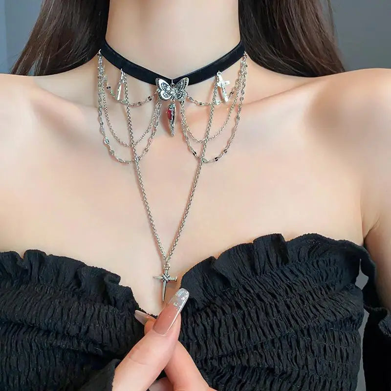 Vintage Red Crystal Heart Love Cross Butterfly Necklace for Women Sexy Lace Tassels Clavicular Chain Y2K Jewelry
