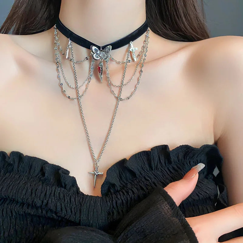 Vintage Red Crystal Heart Love Cross Butterfly Necklace for Women Sexy Lace Tassels Clavicular Chain Y2K Jewelry