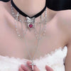 Vintage Red Crystal Heart Love Cross Butterfly Necklace for Women Sexy Lace Tassels Clavicular Chain Y2K Jewelry