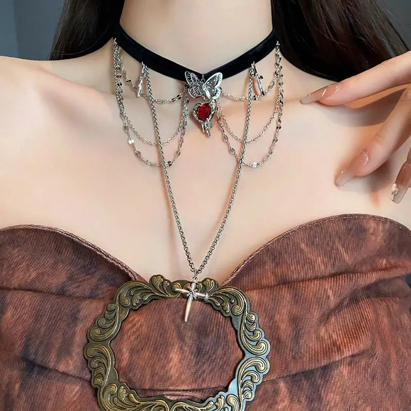 Vintage Red Crystal Heart Love Cross Butterfly Necklace for Women Sexy Lace Tassels Clavicular Chain Y2K Jewelry