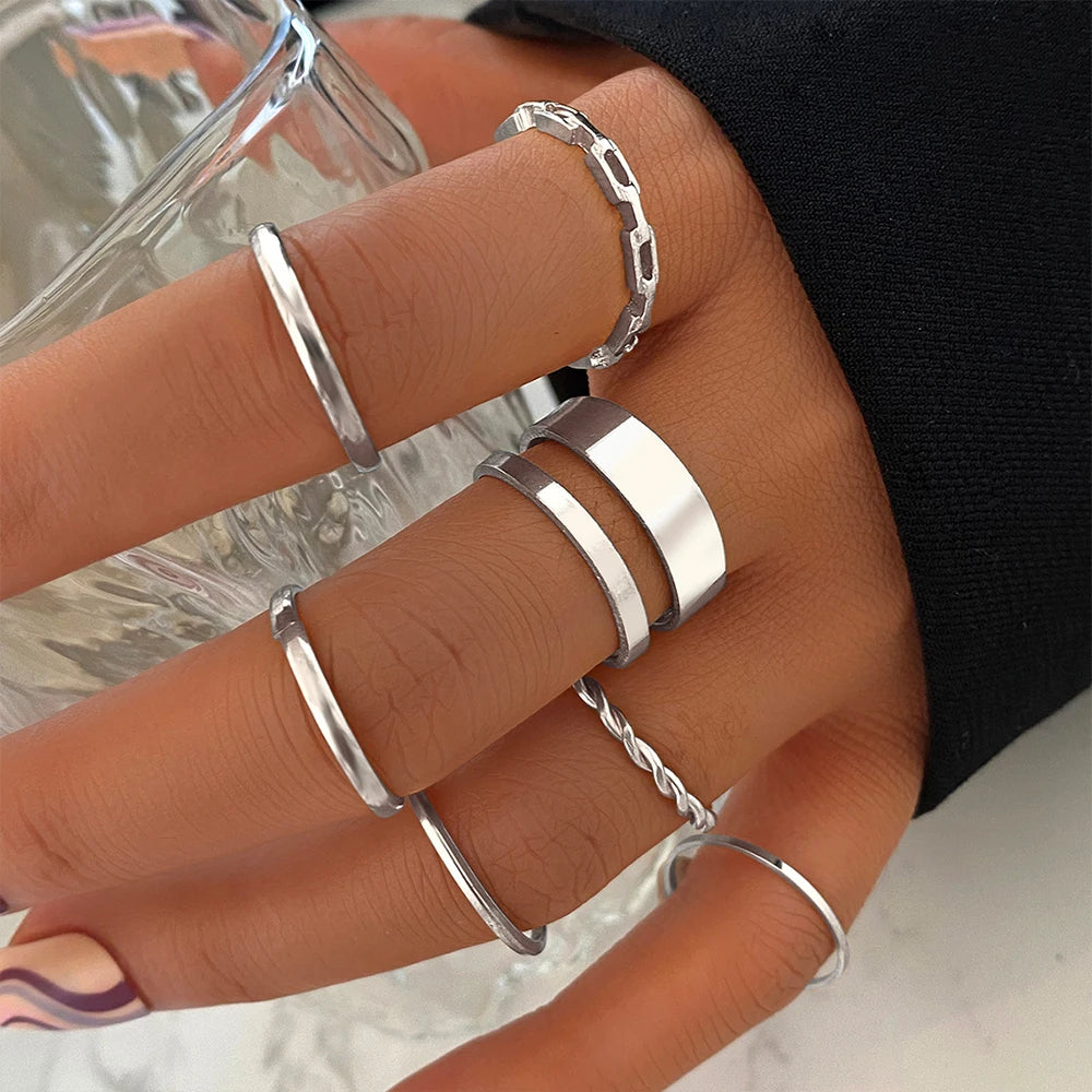 Vintage Silver Color Chain Rings Set For Women Girls Punk Geometric Simple Finger Rings  Trend Jewelry Party