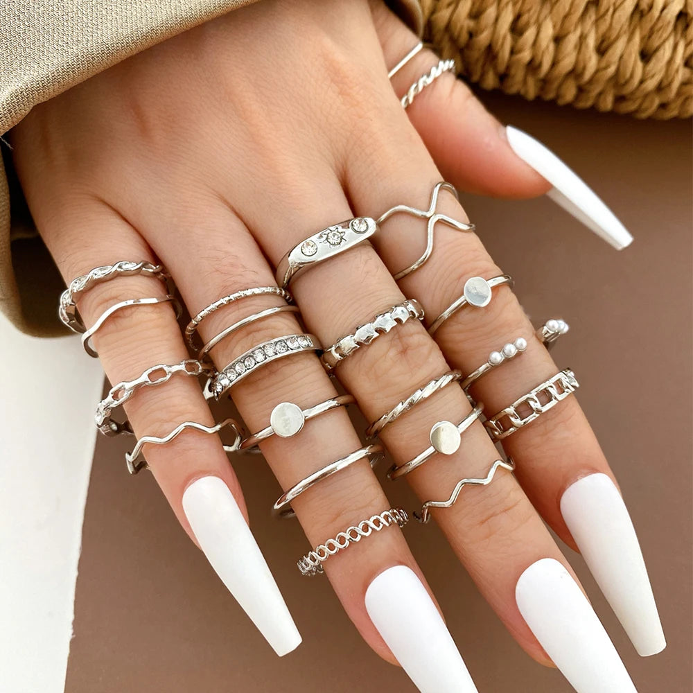 Vintage Silver Color Geometric Wave Ring Set For Women 20pcs/set Metal Cross Pearl Hollow Finger Ring  Trendy Jewelry Gifts