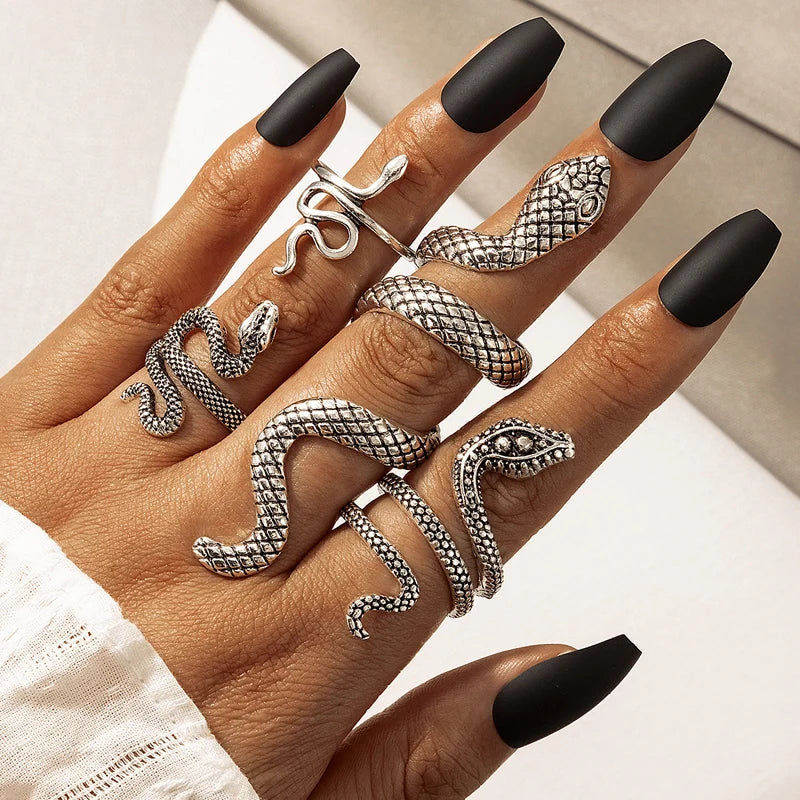 Vintage Snake Animal Rings for Women Gothic Silver Color Geometry Metal Alloy Finger Various Ring Sets Jewelry