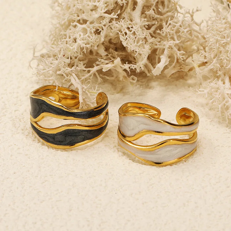 Vintage Stainless Steel White Oil Drip Open Rings for Women  Gold Color Geometric Adjustable Finger Ring Jewelry 2023