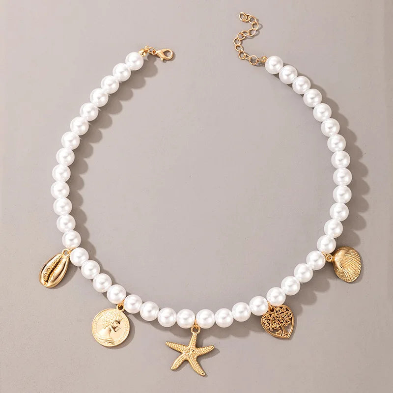 Vintage Style Simple 6MM Pearl Chain Choker Necklace For Women Wedding Love Shell Pendant Necklace  Jewelry