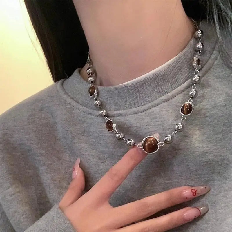 Vintage Tiger Eye Stone Necklace Gothic Geometric Metal Ball Beaded Necklace for Women Jewelry Accessories Y2K Aesthetic