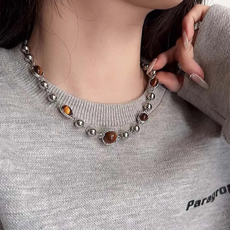 Vintage Tiger Eye Stone Necklace Gothic Geometric Metal Ball Beaded Necklace for Women Jewelry Accessories Y2K Aesthetic