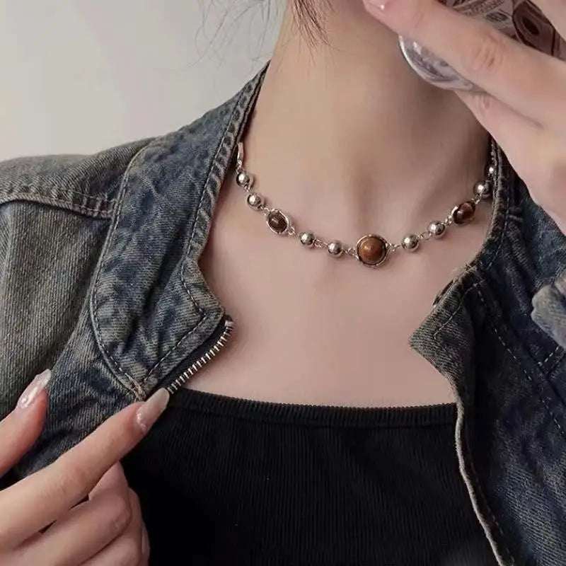 Vintage Tiger Eye Stone Necklace Gothic Geometric Metal Ball Beaded Necklace for Women Jewelry Accessories Y2K Aesthetic