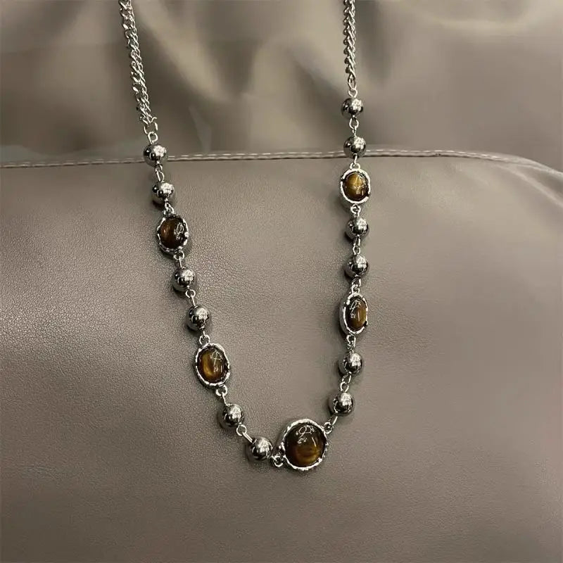 Vintage Tiger Eye Stone Necklace Gothic Geometric Metal Ball Beaded Necklace for Women Jewelry Accessories Y2K Aesthetic