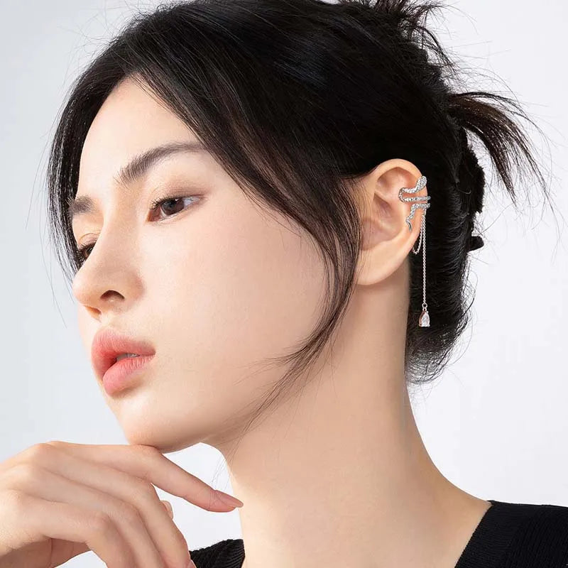 Vintage Water Drop Zircon Tassel Snake Shaped Ear Cuff Without Piercing Clip Earrings for Women Punk Chain Ear Clip Jewelry Gift